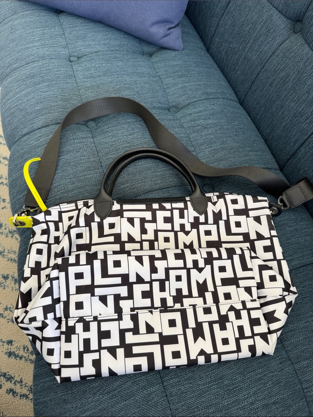 LONGCHAMP Le Pliage Nylon Black & White Graphic Logo Tote with Shoulder Strap - Picture 3 of 11